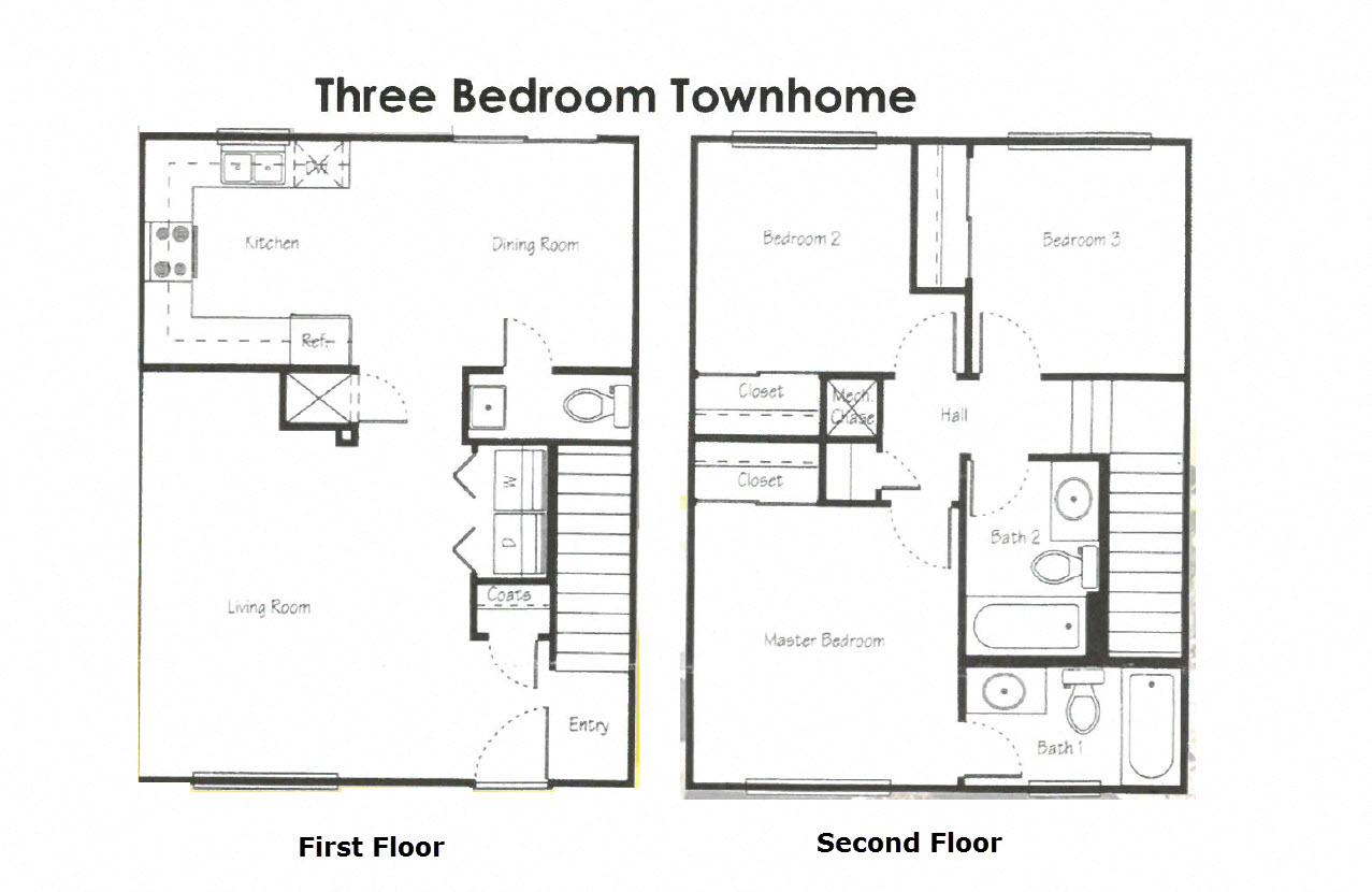 Floor plan for 3 beds, 2.5 baths, 1112 sqft